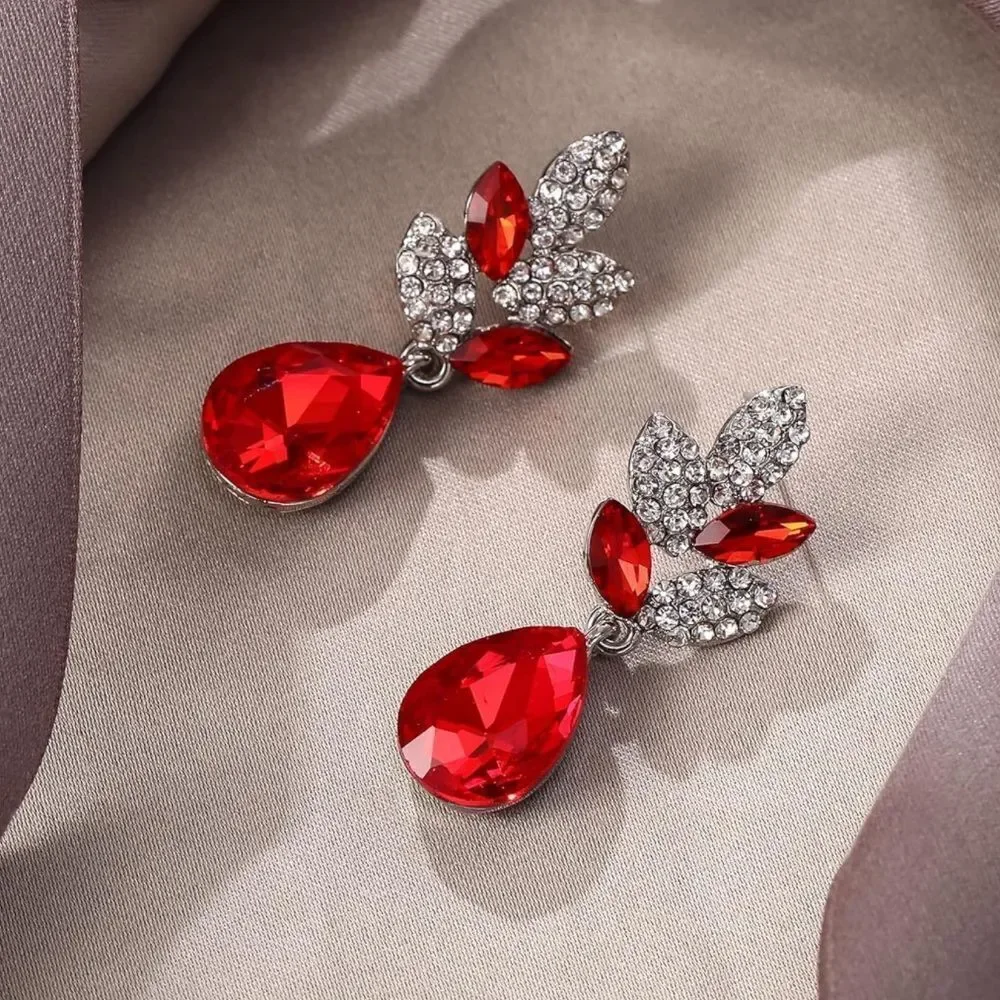 Silver with Ruby Red and White Diamond Crystal Leaf Teardrop Post Back Earrings